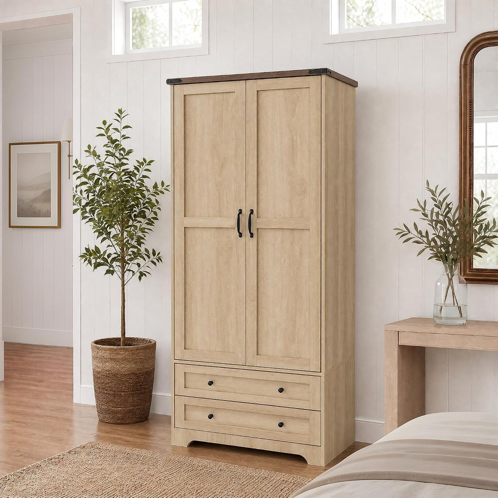 Yechen 71" Wooden Armoire Wardrobe Closet with 2 Doors & 2 Drawers, ...