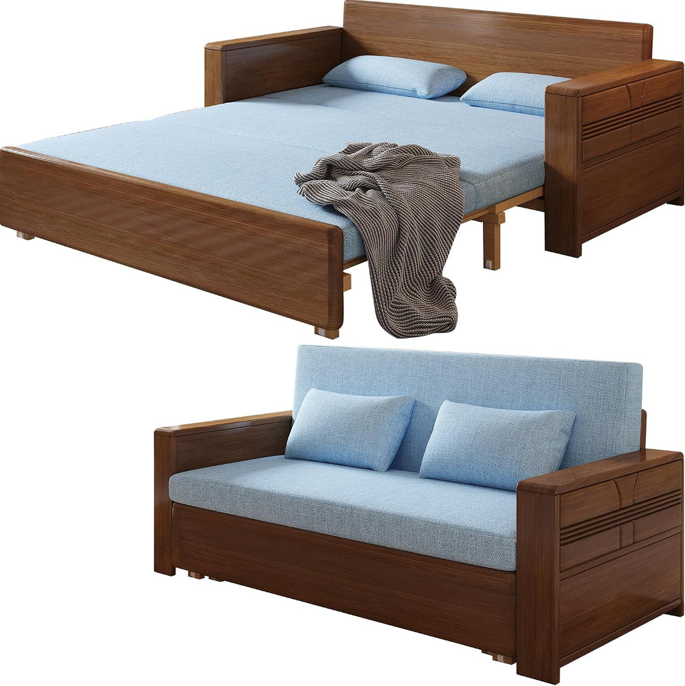 71" Solid Wood Walnut Frame Sectional Sleeper Sofa, 3-in-1 Pull Out Bed