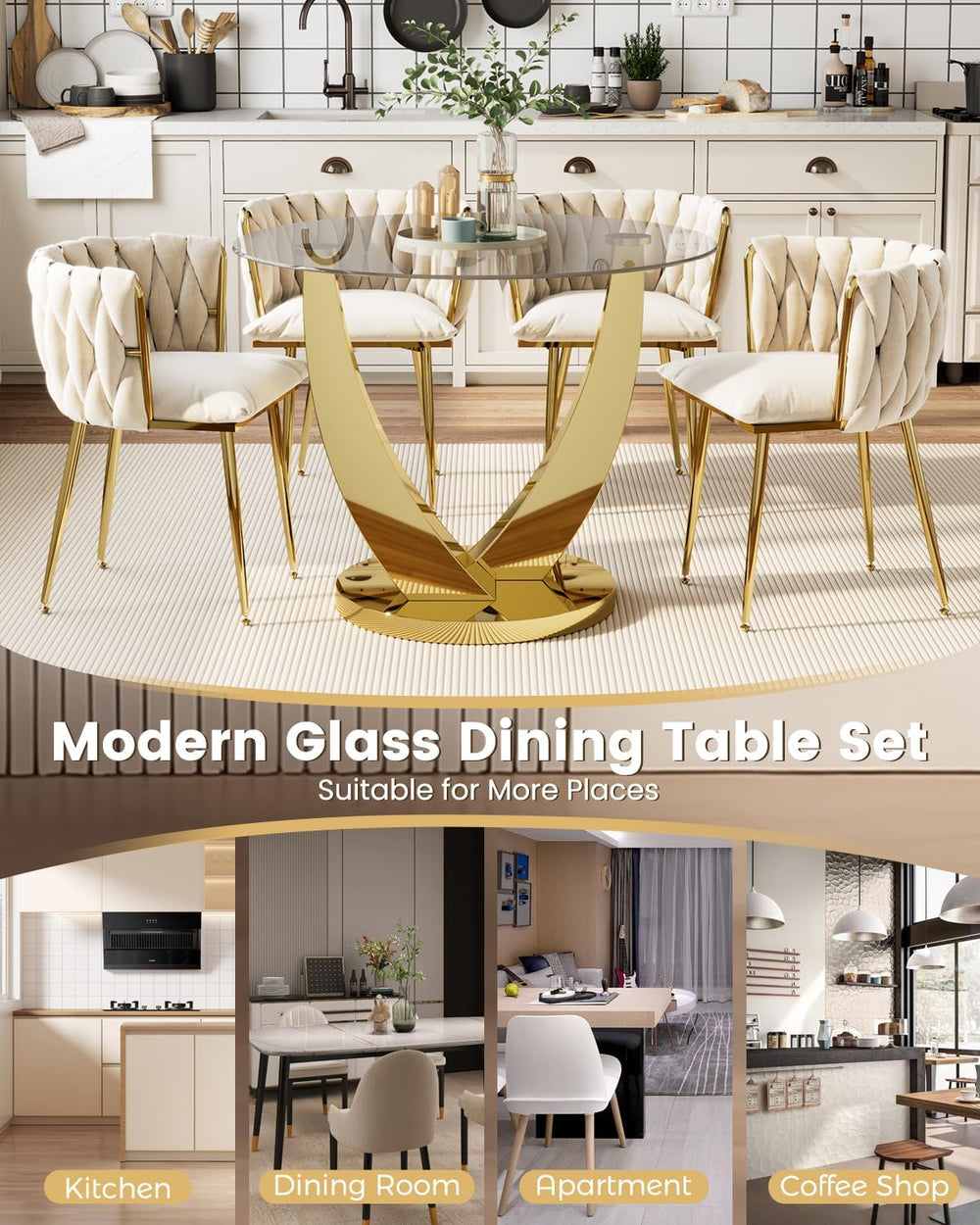 38.9" Round Glass Dining Table Set for 4, Modern Kitchen Table with 4 Up...