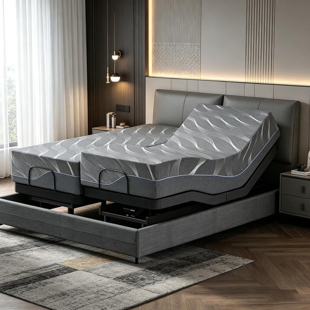 Adjustable Bed Frame Split King, Bed Base with 14 Inch Grey Gel Memory Foam M...