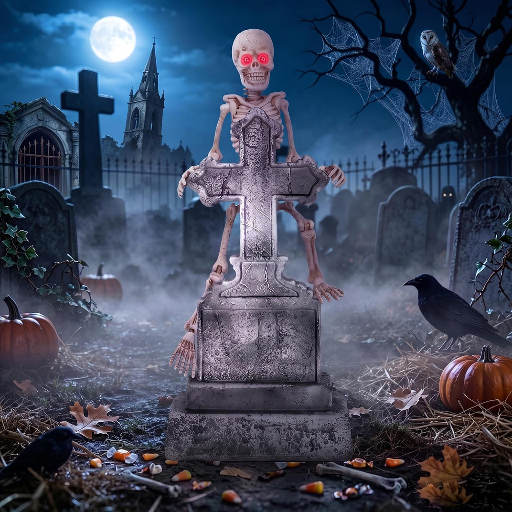 46" Halloween Animatronic Tombstone Decor, SoundโActivated Swaying Skeleton