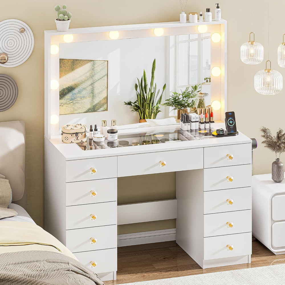 DINGIPP Vanity with Large Mirror and 10 LED Lights, Vanity Desk with Glasstop...