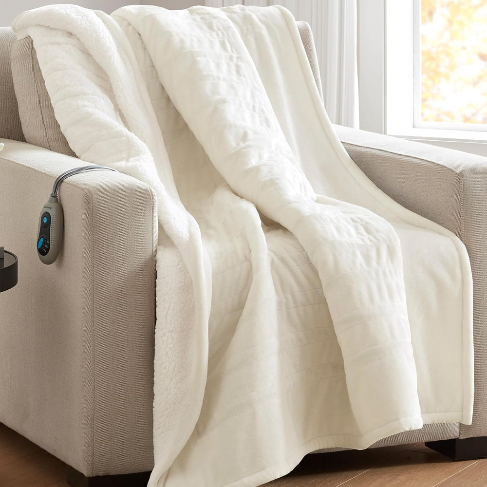 Beautyrest Reversible Heated Throw - Plush Sherpa Heating Blanket, Ivory