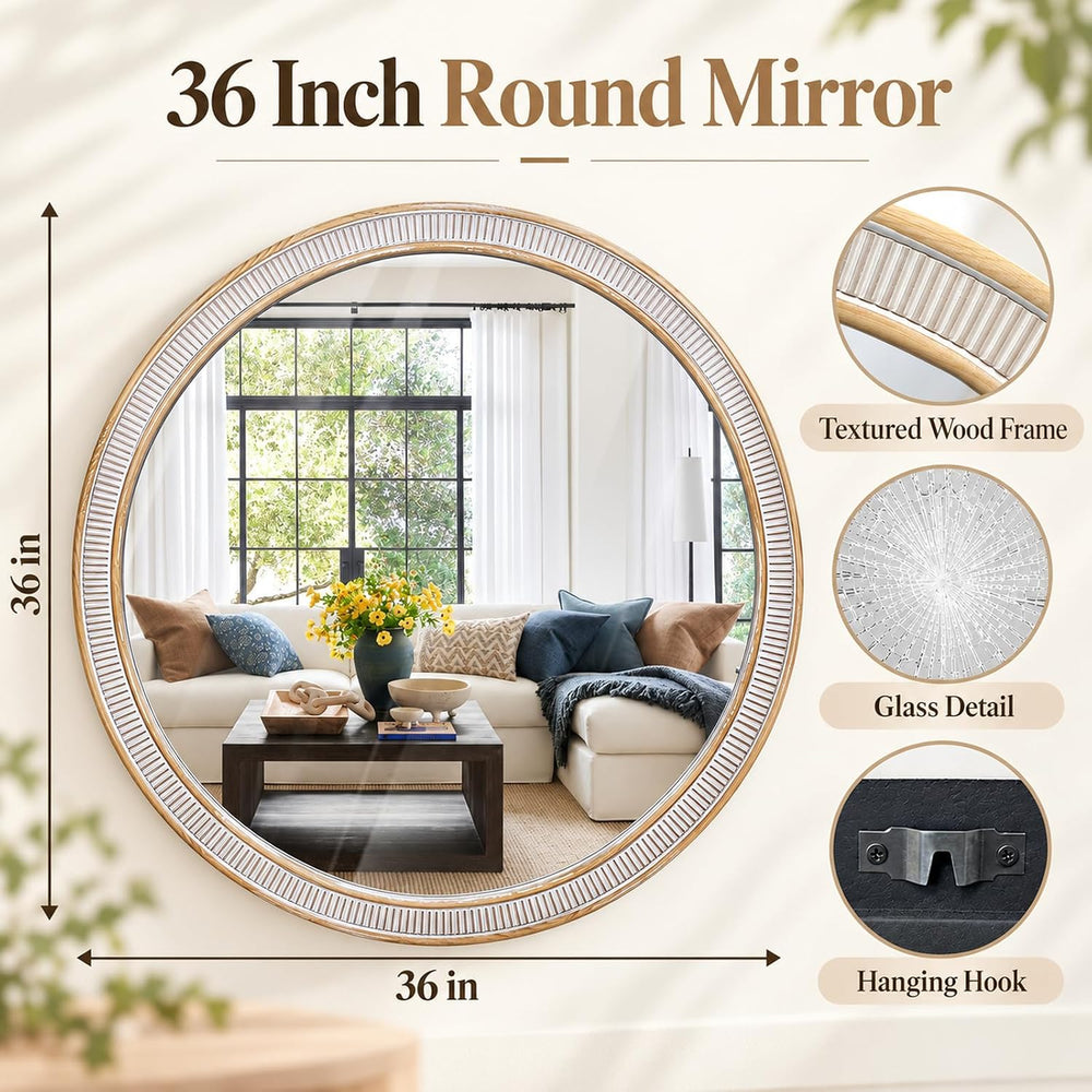 36 Inch Large Round Wood Mirror, Farmhouse Bathroom Mirrors for Wall