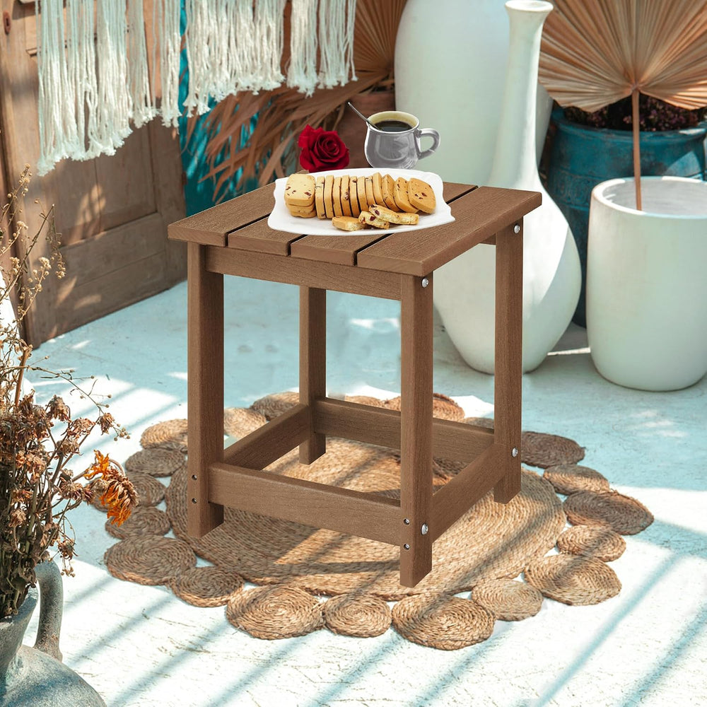 LZRS Patio Side Table, Heavy Duty HDPE Outdoor End Table with Wood Texture, W...