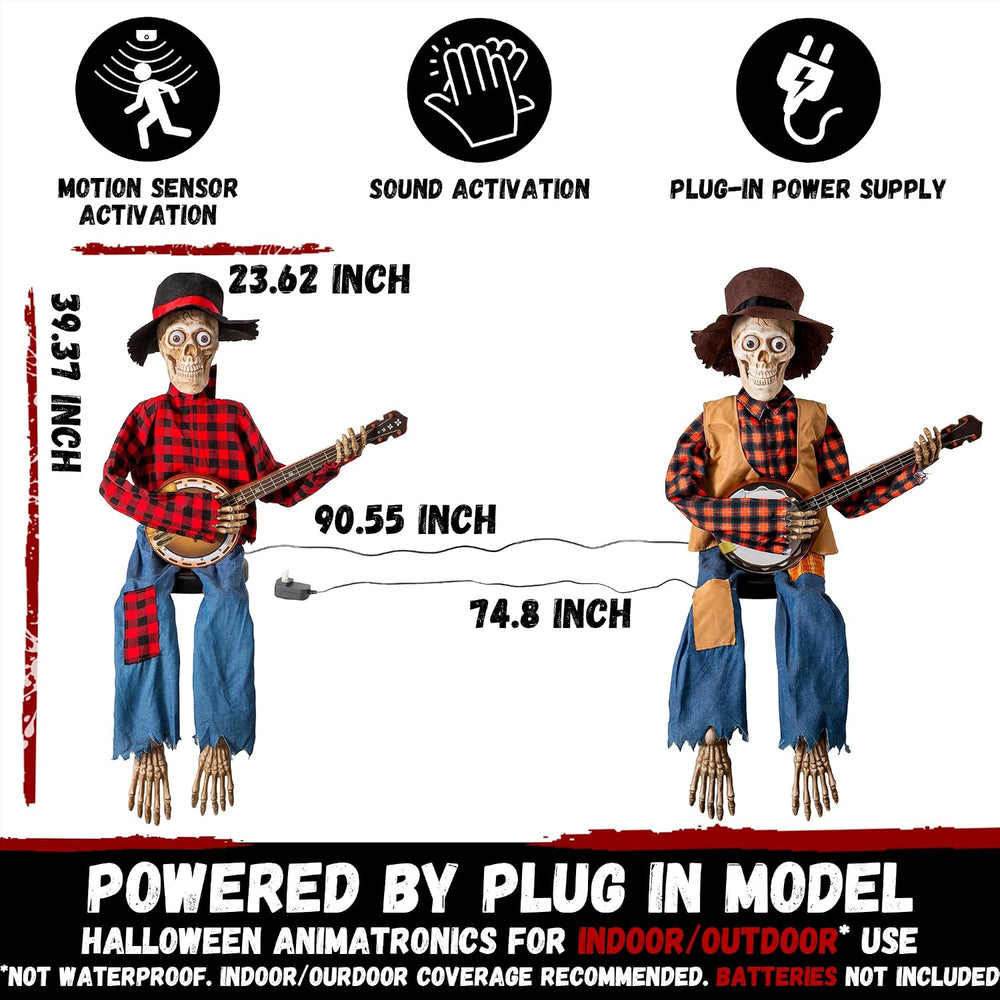 Halloween Animatronics Banjo Skeletons Duo Decorations, Animated Skull with S...