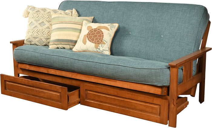 Kodiak Furniture Monterey Futon Set with Storage Drawers, with Barbados Base and Linen Aqua Mattress