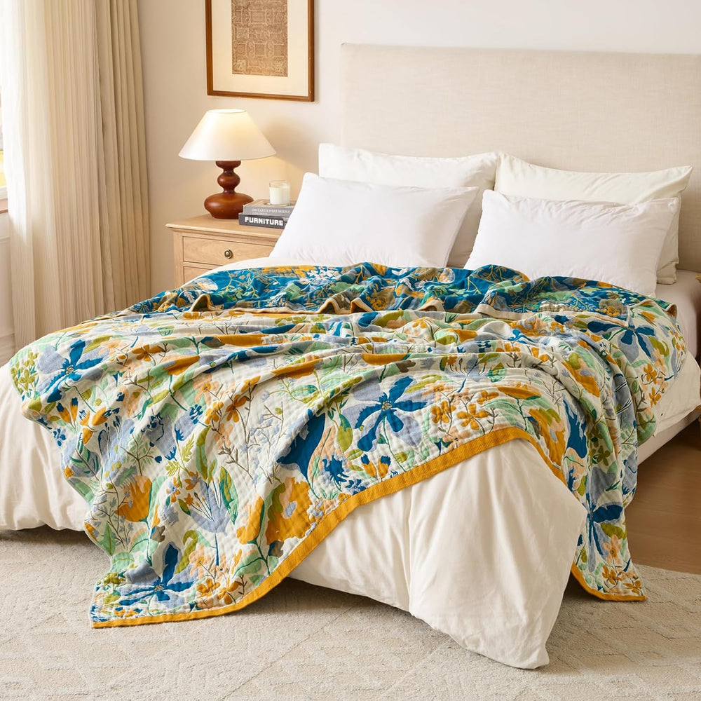 Boho Throw Blanket, 100% Soft Cotton Floral Quilt, King 90"x 98"