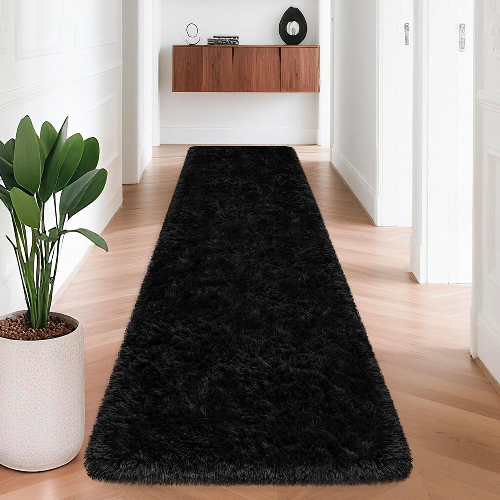 2x8 Bedside Area Rugs for Bedroom Soft Fluffy Shag Black Rug for Hallway