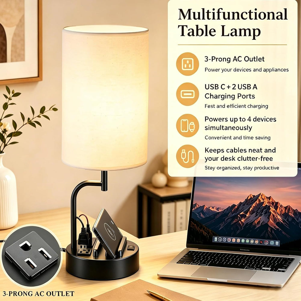 Dreamholder 2 Pack Table Lamp, Bedside Lamp with 3 USB Charging Ports & A...
