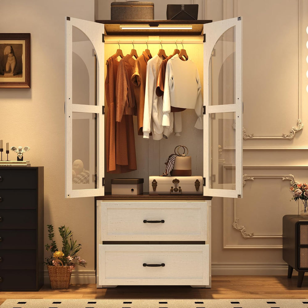 Tall Farmhouse 2 Doors Armoire Wardrobe Closet with LED ,72" Freestandin...