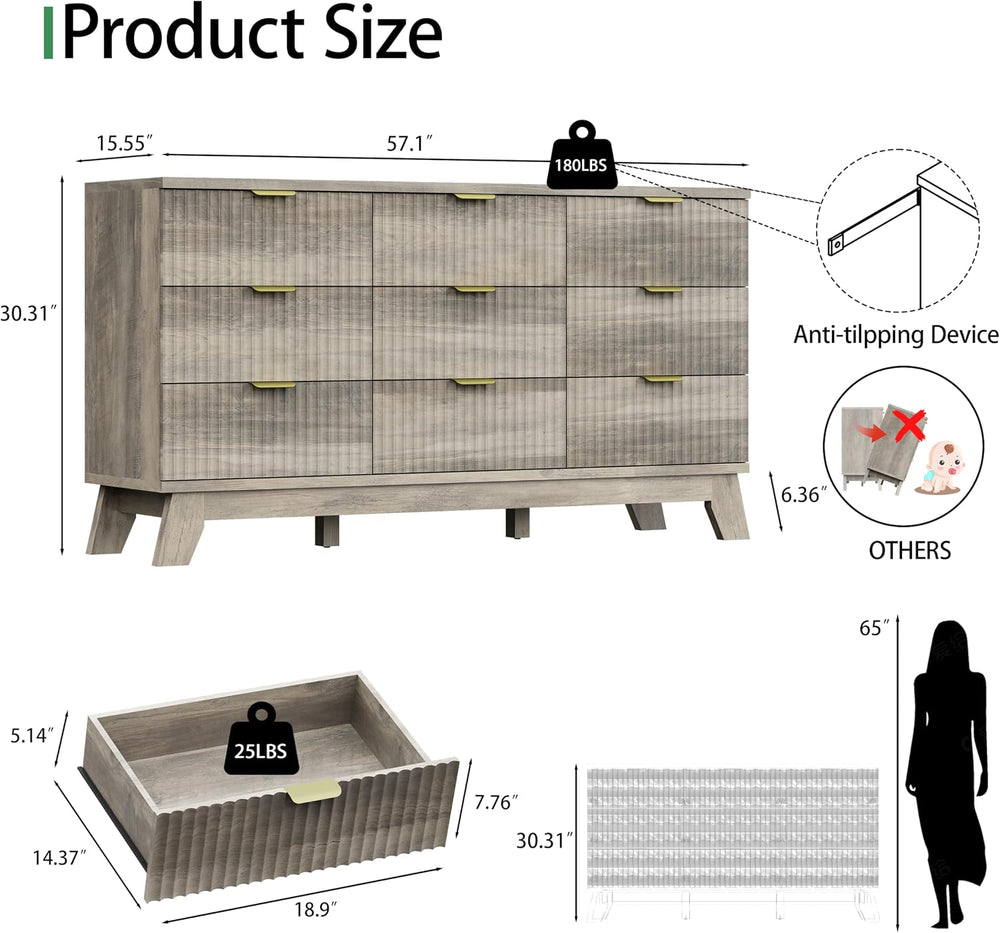Fluted Dresser for Bedroom with 9 Drawers, 57" Wide Modern Chest of Draw...