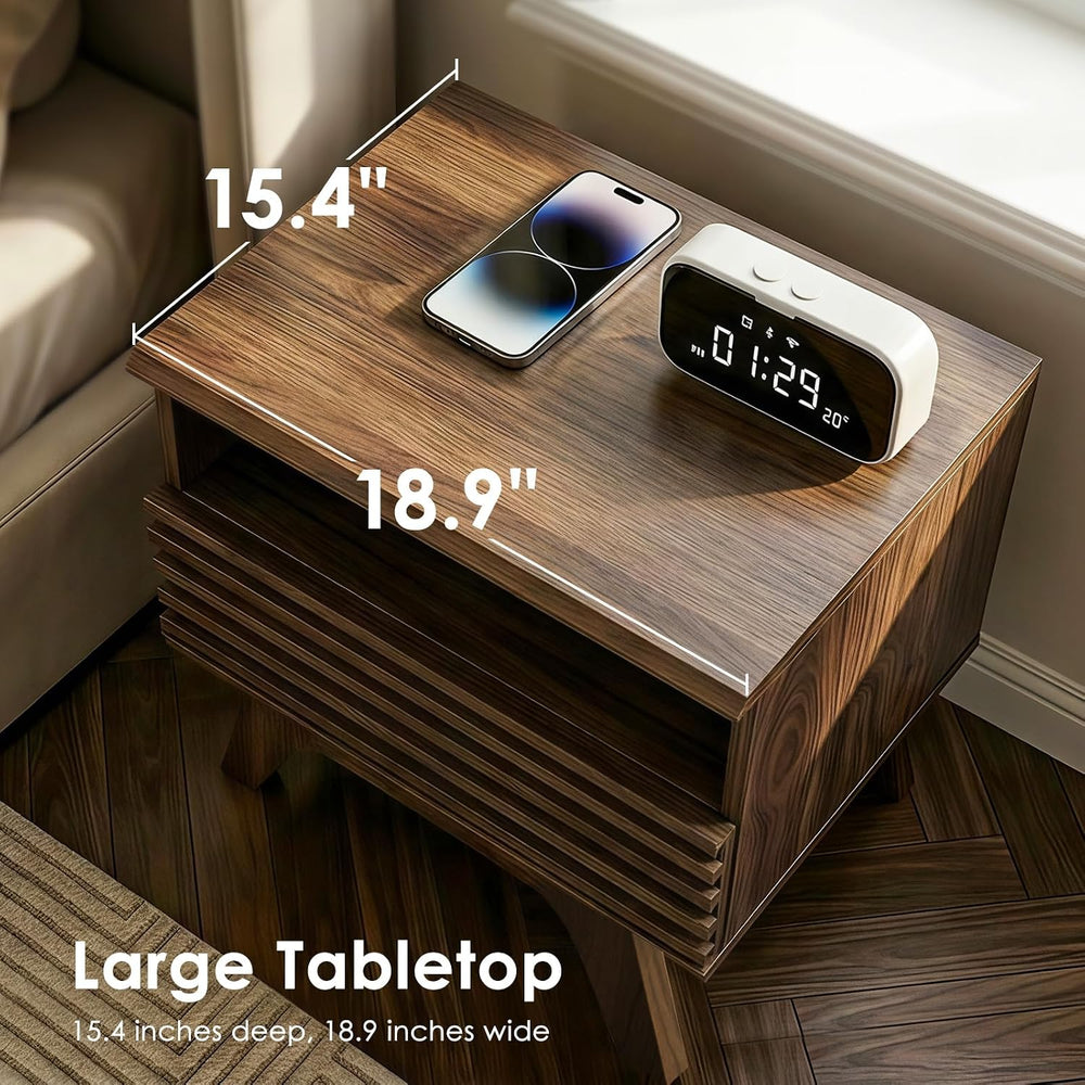 AODK 19 Inch Wide Fluted Nightstand Set of 2 with Drawer, Dark Walnut | Open ...