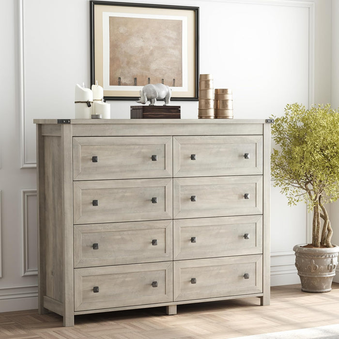 Grey Dresser for Bedroom with 8 Drawers, Wood Dressers Chest of Drawers with Metal Handles, Modern Bedroom Dresser with Drawers for Closet Hallway, Living Room, Gray Oak