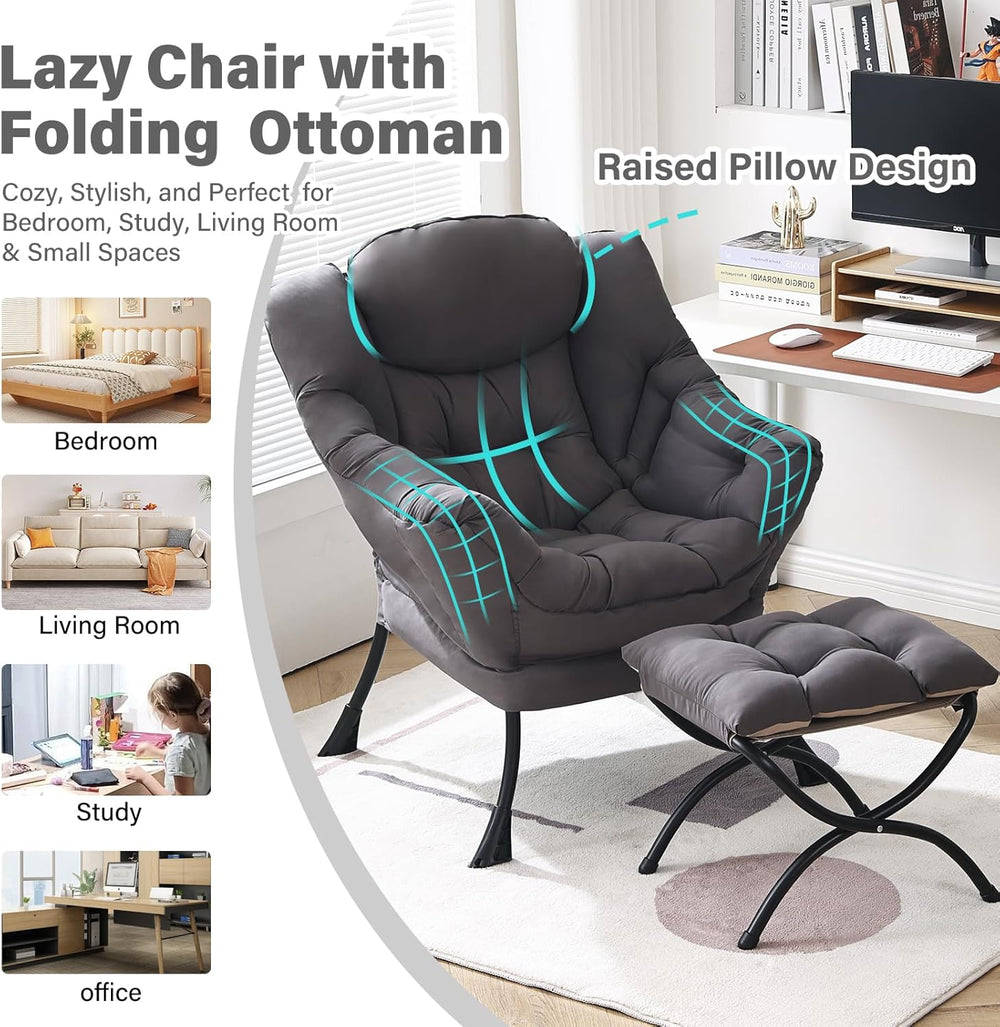 Furlide Lazy Chair with Ottoman, Modern Chair with Folding Footrest, Dark Gre...