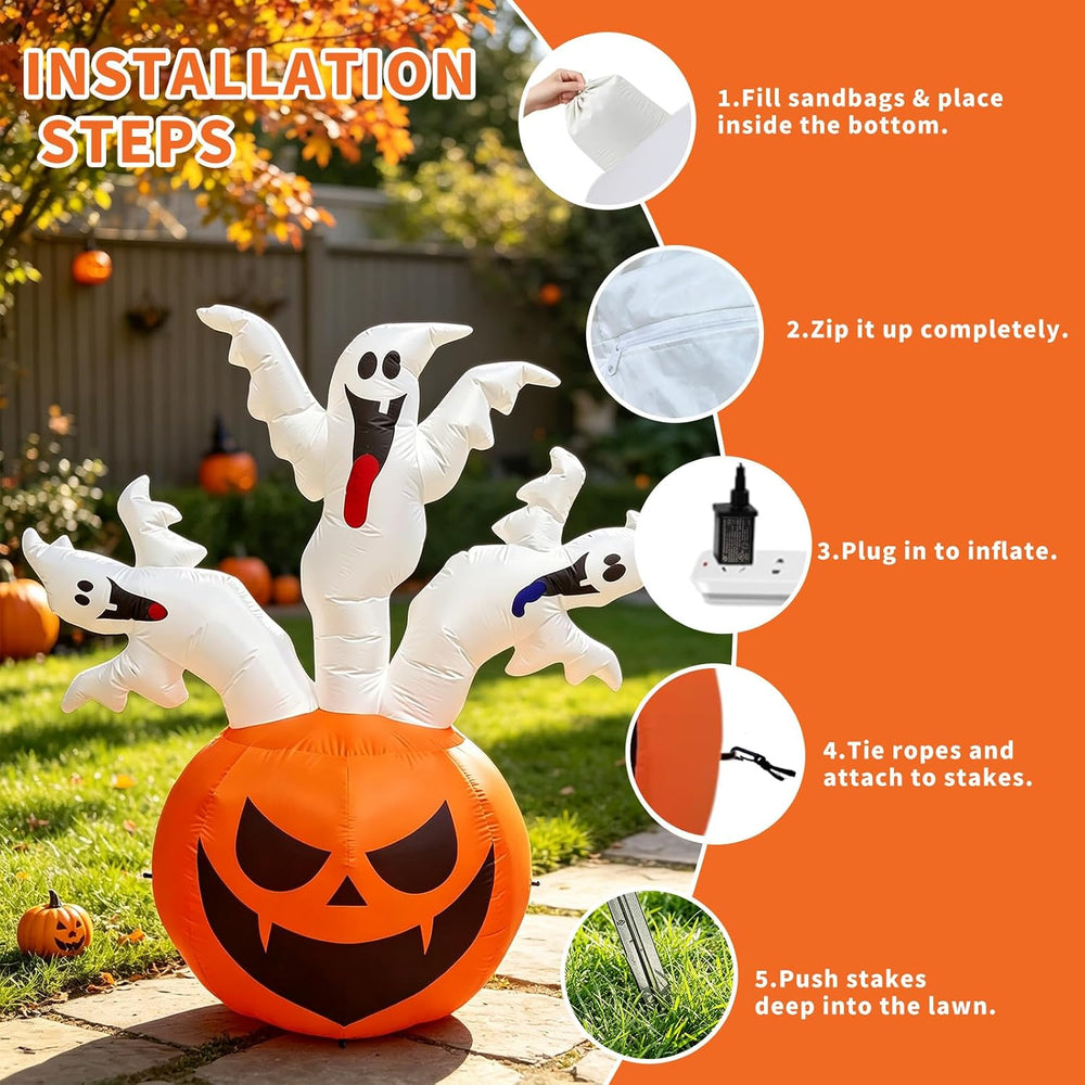 6 FT Halloween Inflatable Pumpkin with 3 Ghosts for Outdoor Decor
