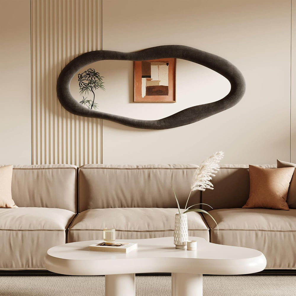 Honyee 55" x 24" Wavy Mirror, Flannel Wrapped Wooden Frame, Irregul...