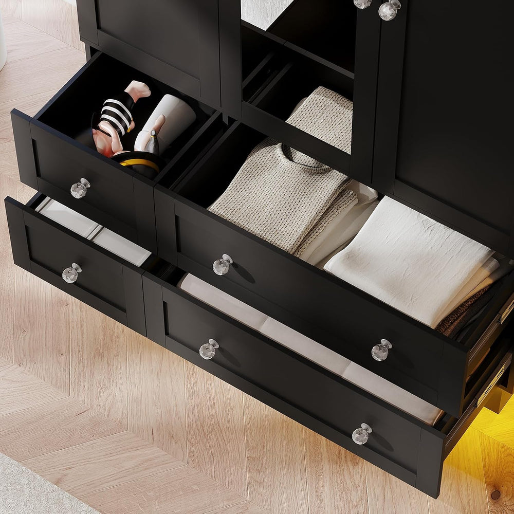 VOWNER Wardrobe Closet with 3 Doors Bedroom Armoire with Mirror & 4 Drawers