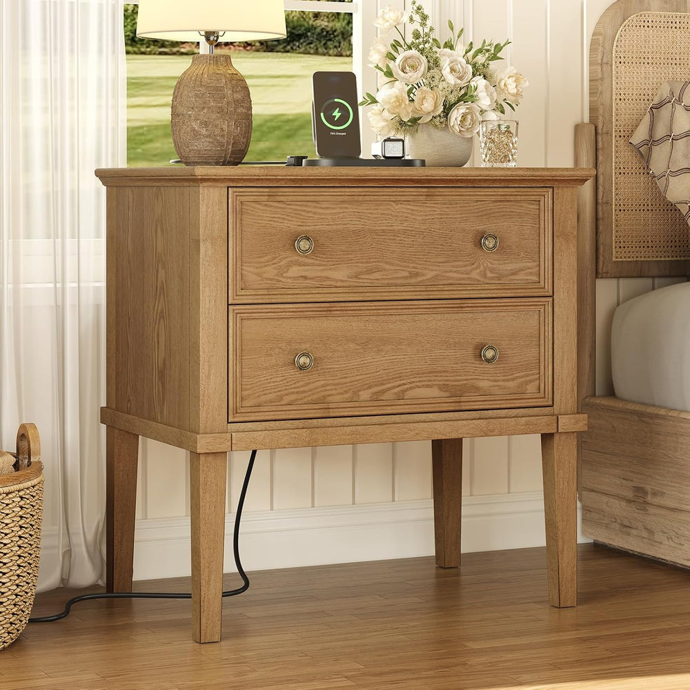 IKENO Solid Wood Nightstand with Charging Station, Wooden End Table with 2 So...