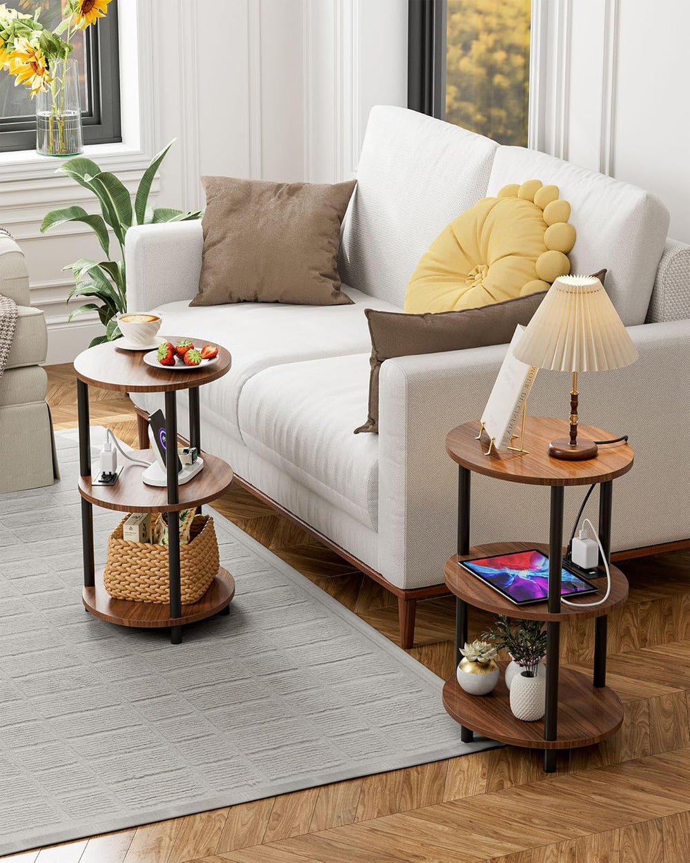 Small Round Side Table - 3-Tier Oval Accent Table for Small Spaces, Rustic Wo...