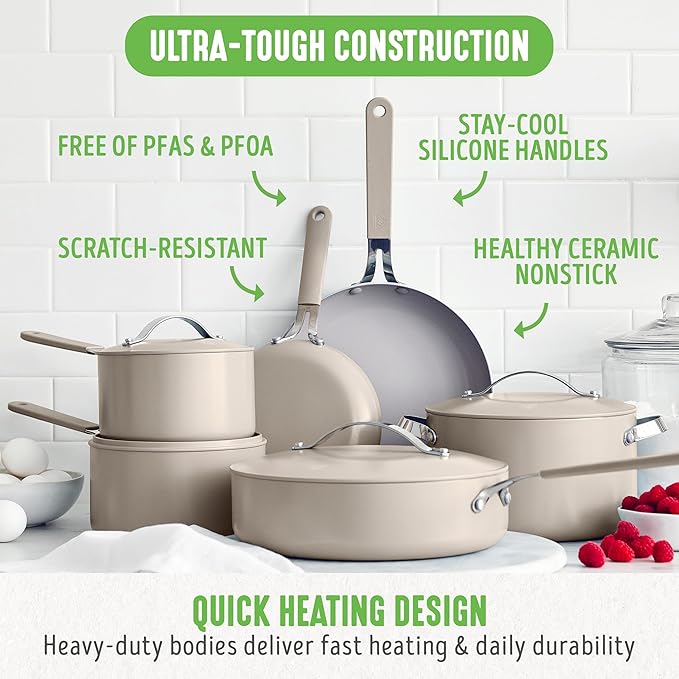 GreenLife 10-Piece Nonstick Ceramic Cookware Set, Lightweight Healthy PFAS-Free