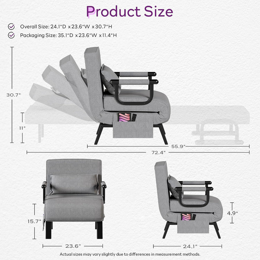 TYBOATLE Sleeper Chair Bed, Folding Futon Bed (Light Grey)