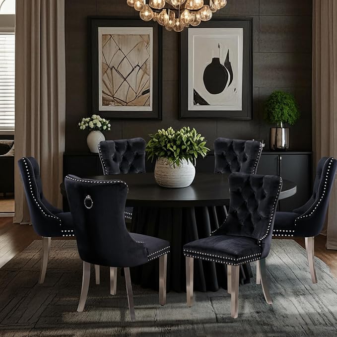 Velvet Upholstered Dining Chairs Set of 6, Modern Style Kitchen Side Chairs w...
