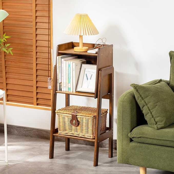 Welnow Bamboo Bookcase with Cabinet, Natural End Table with 1-Tier Storage Sh...