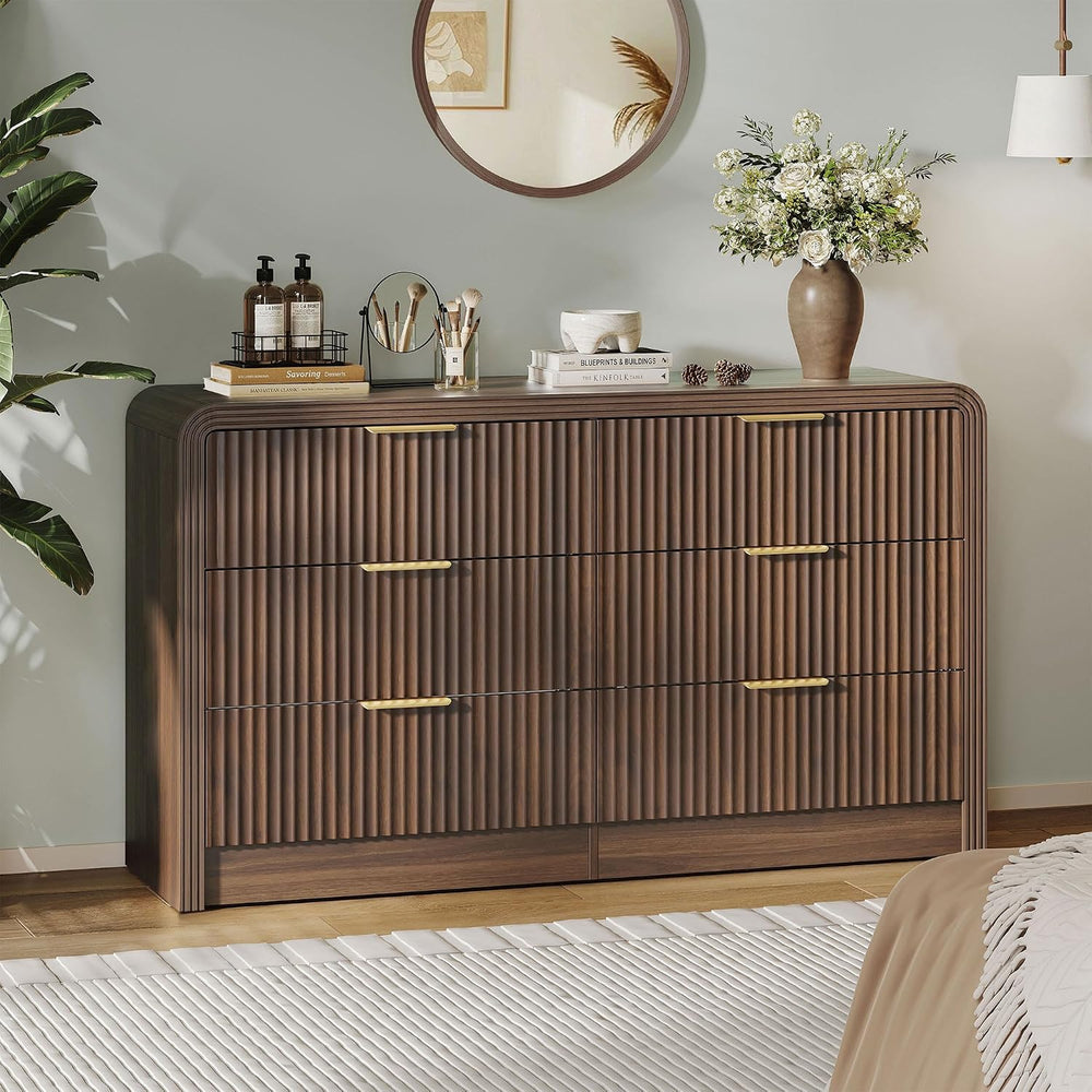Decofy 55" W Fluted 6-Drawer Dresser for Bedroom, Walnut