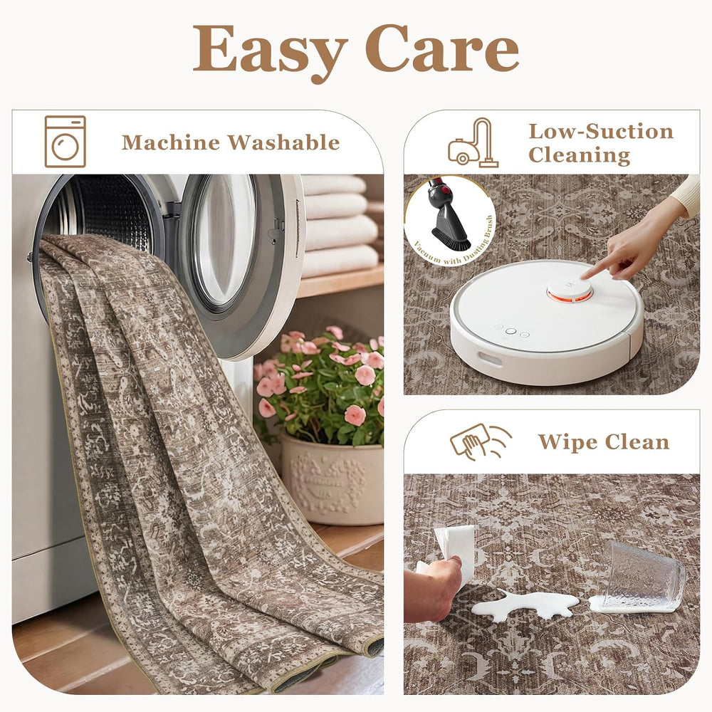 Washable Area Rug 8'x10' Living Room, Vintage Farmhouse, Light Brown