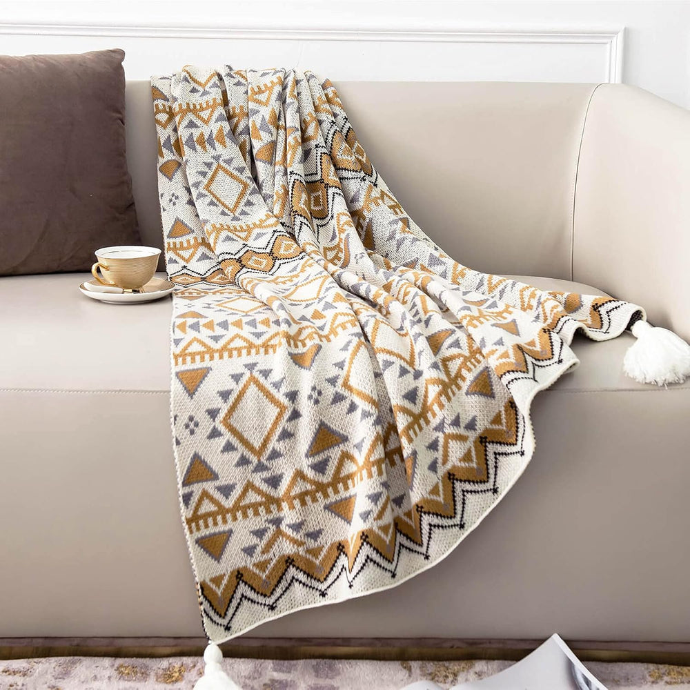 Boho Throw Blanket, Knitted Brown Tassel Throw Blankets, Soft Lightweight Vin...