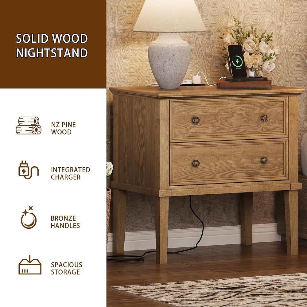 IKENO Solid Wood Nightstand with Charging Station, Wooden End Table with 2 So...