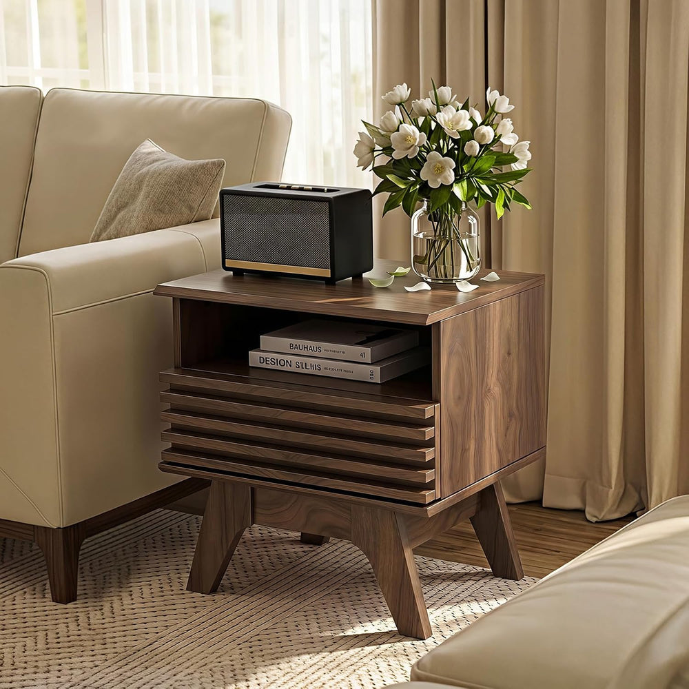 AODK 19 Inch Wide Fluted Nightstand Set of 2 with Drawer, Dark Walnut | Open ...