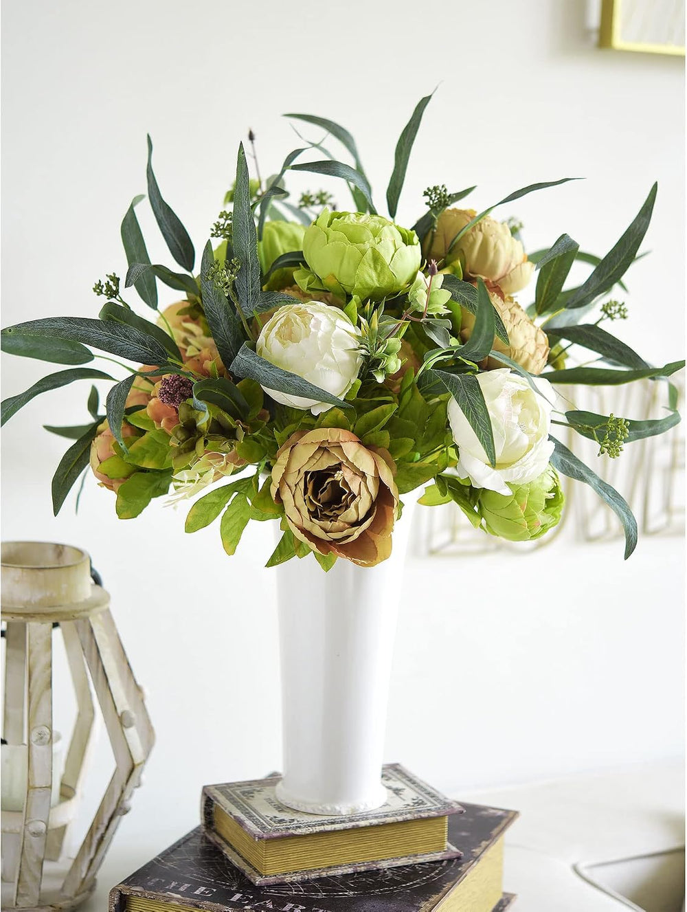 FiveSeasonStuff Rustic Brown, Beige & Green Artificial Peony Set of 2
