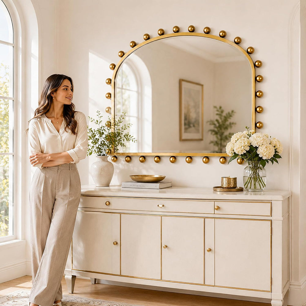36"x28" Wide Arch Wall Mirror, Antique Gold Ball Frame for Mantel