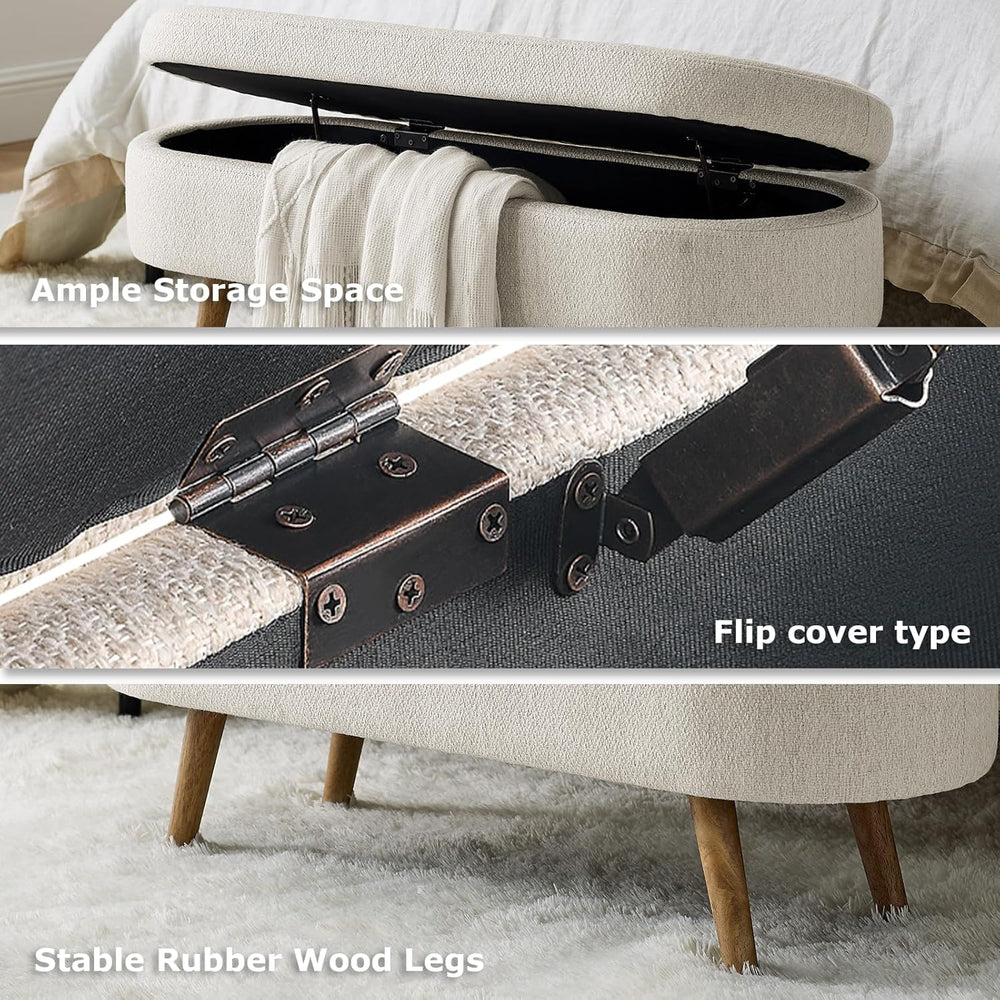 SoarFlash Ottoman Oval Storage Bench Linen Fabric Rubber Wood Legs(Beige)