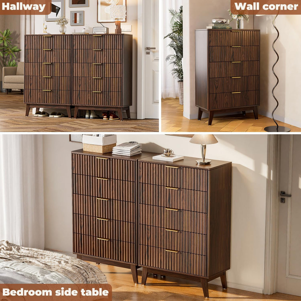 5-Drawer Dresser Fluted Drawers, Mid-Century, Walnut