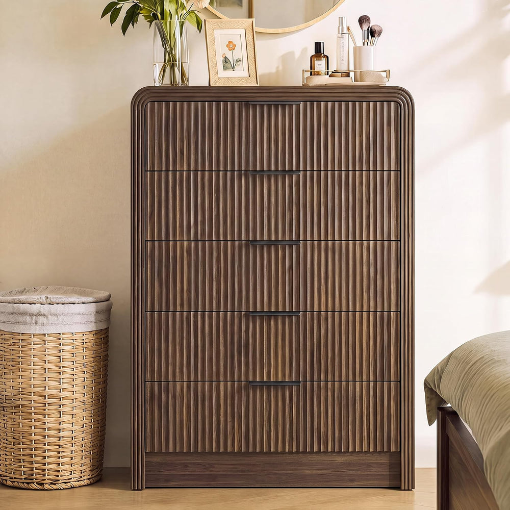 Decofy Fluted Wood Dresser 5 Drawers 48" Tall Curved Modern Chest Organizer