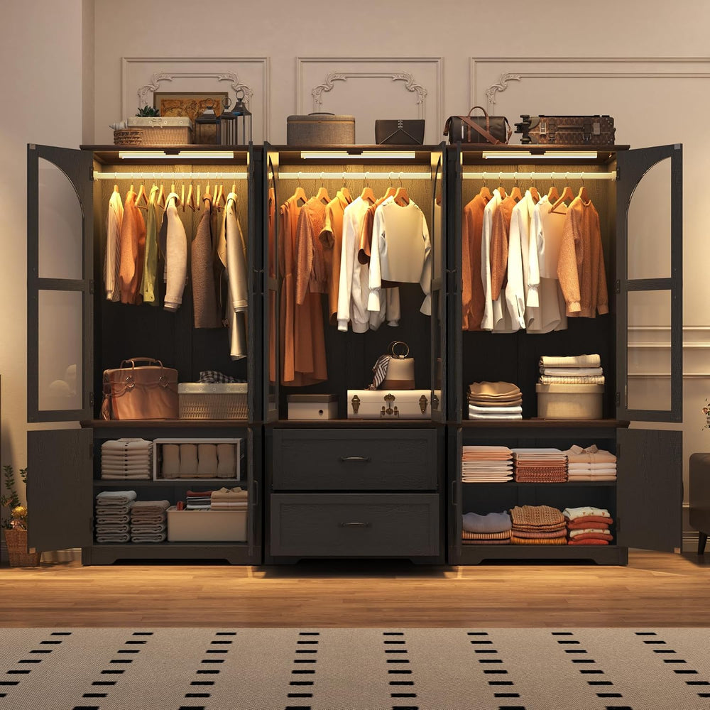 Tall Farmhouse 6 Doors Armoire Wardrobe Closet with LED ,72" Freestandin...