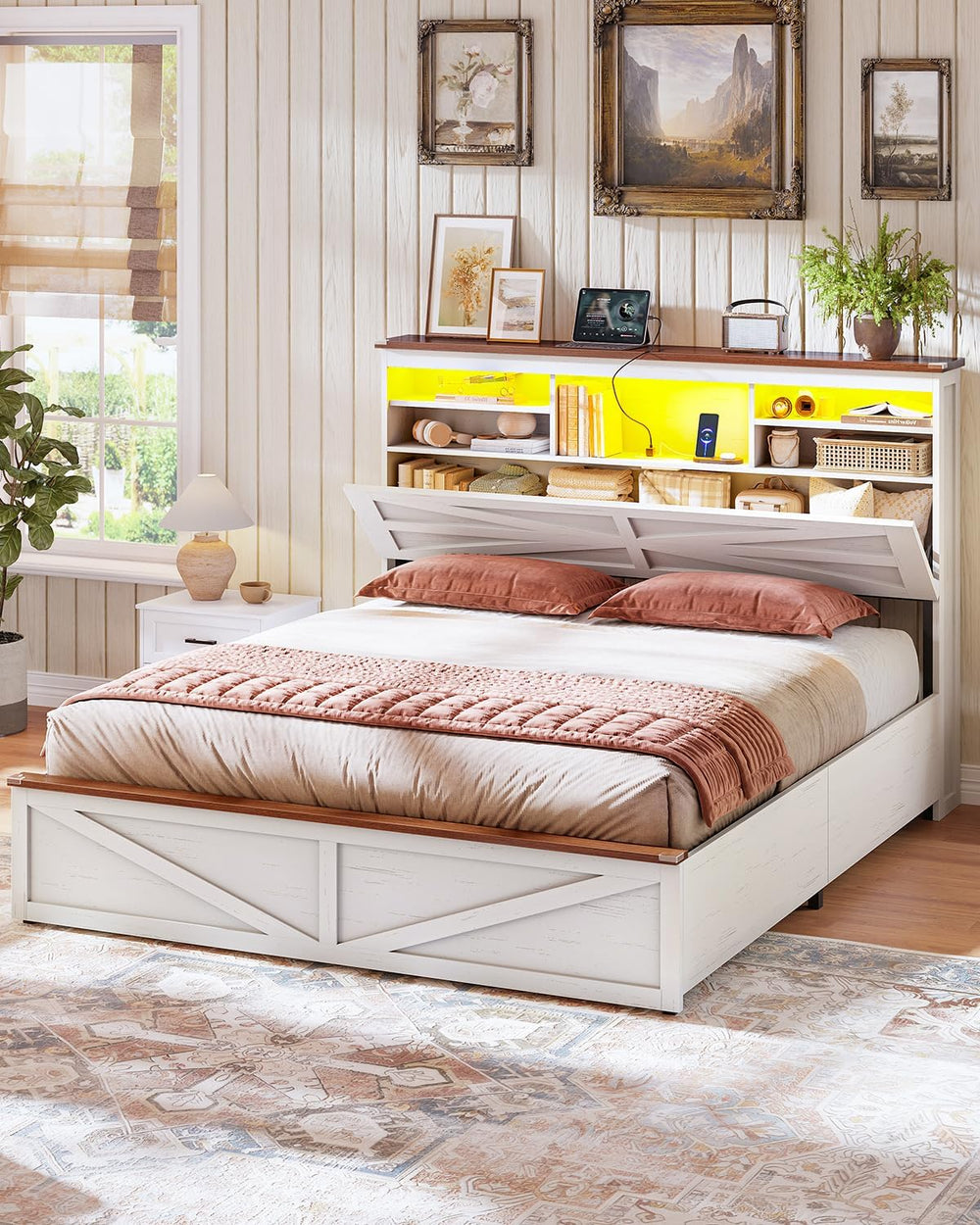 AOGLLATI Farmhouse Full Size Bed Frame with Lift Up Storage,Antique White