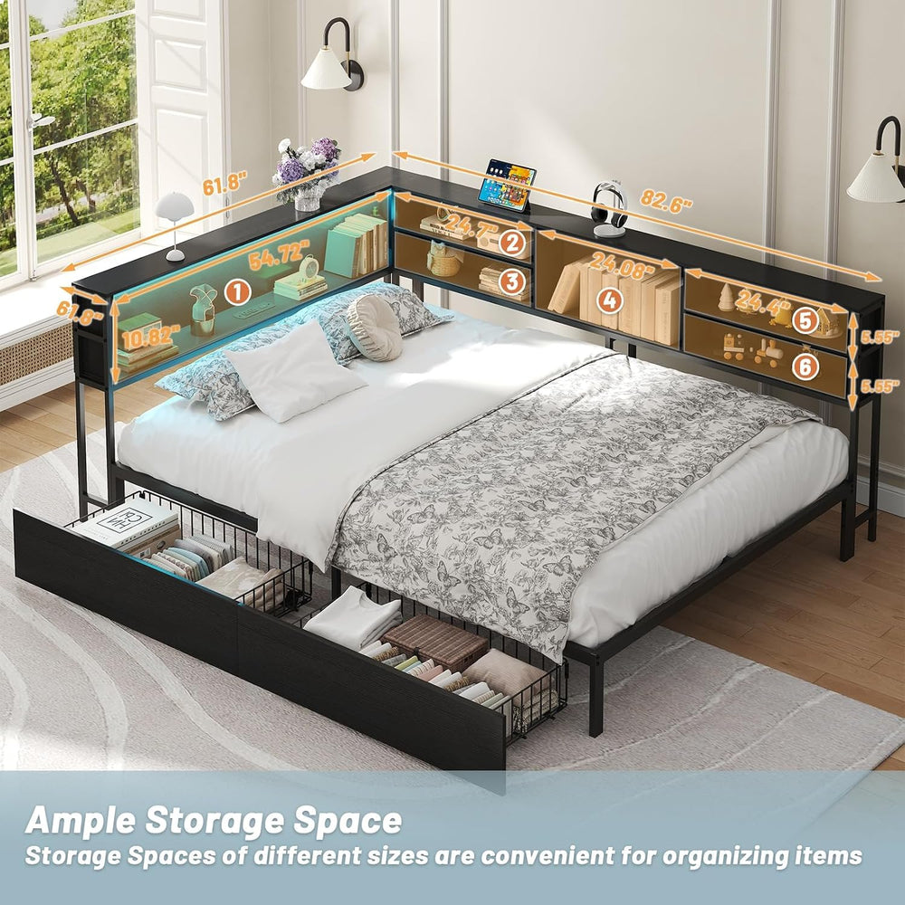Full Size Corner Bed Frame with 2 Storage Drawers Black | Metal Platform Bed ...