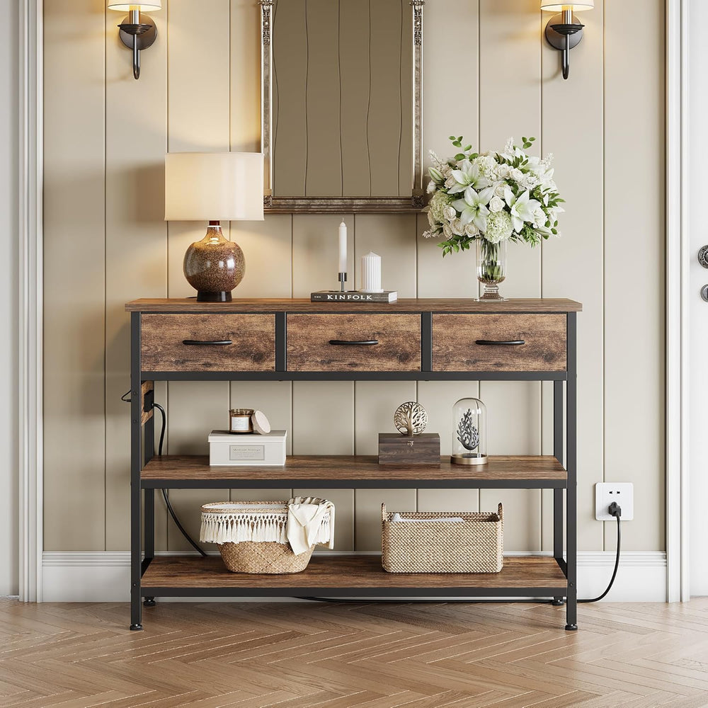 Lulive Entryway Table with Power Outlets, Console Table with 3 Fabric Drawers...