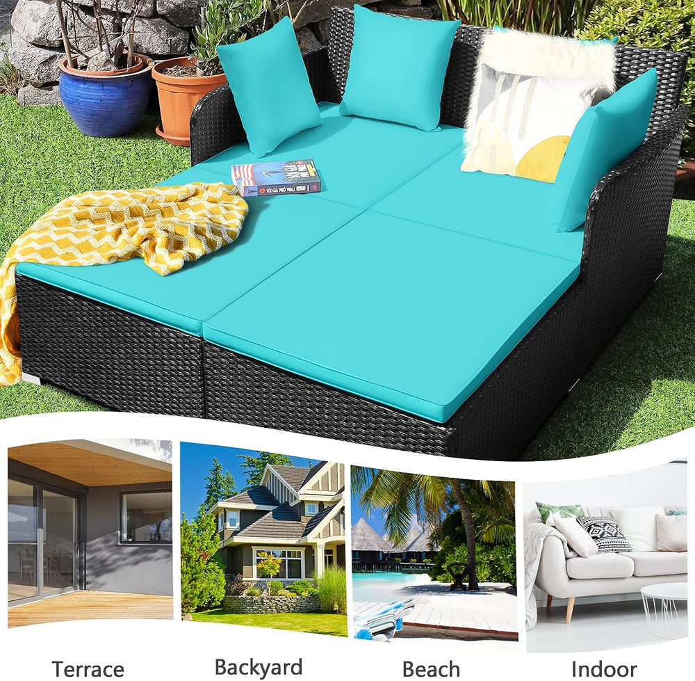 HAPPYGRILL Outdoor Rattan Daybed, Patio Sunbed Sofa Set with Cushion & Pi...