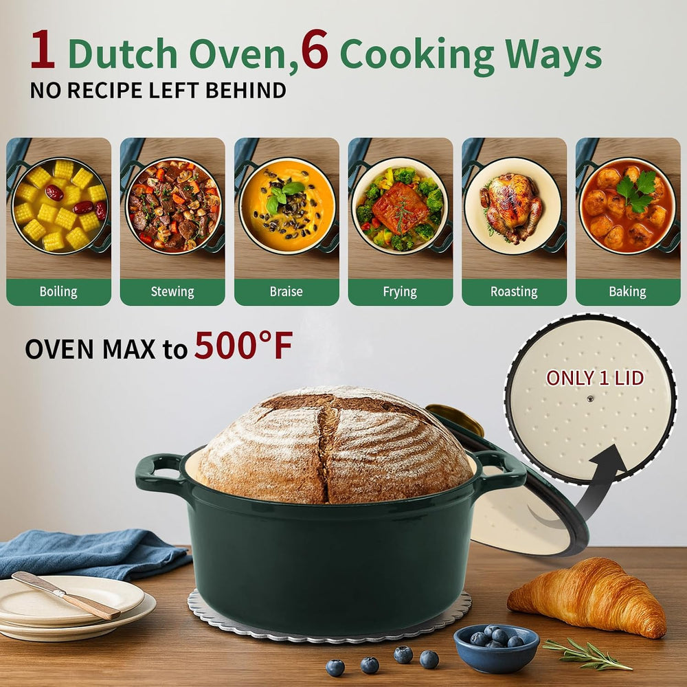 Enamel Cast Iron Dutch Oven with Lid, Round Casserole Pot for Bread Baking, B...
