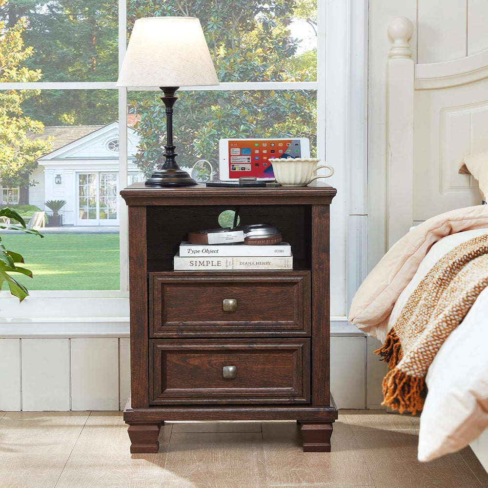 Farmhouse Dresser and Nightstand Sets 3 Piece, Walnut