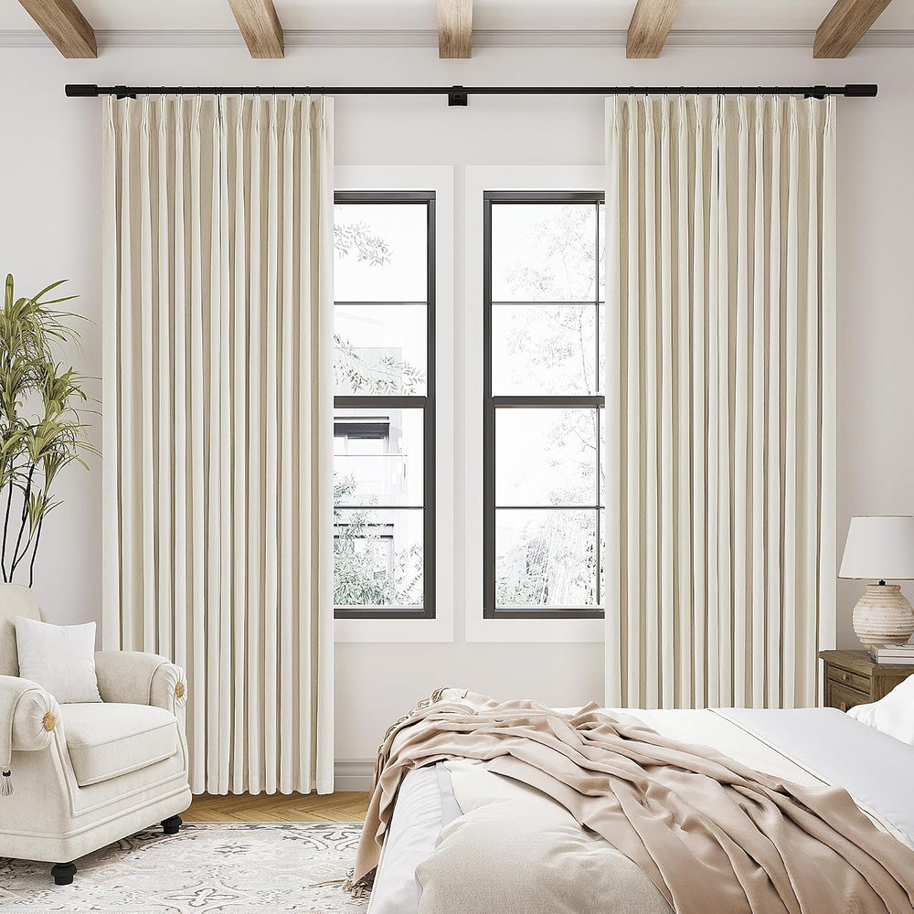 Pleated Cream Beige Linen Blackout Curtains for Bedroom 90 Inch Length