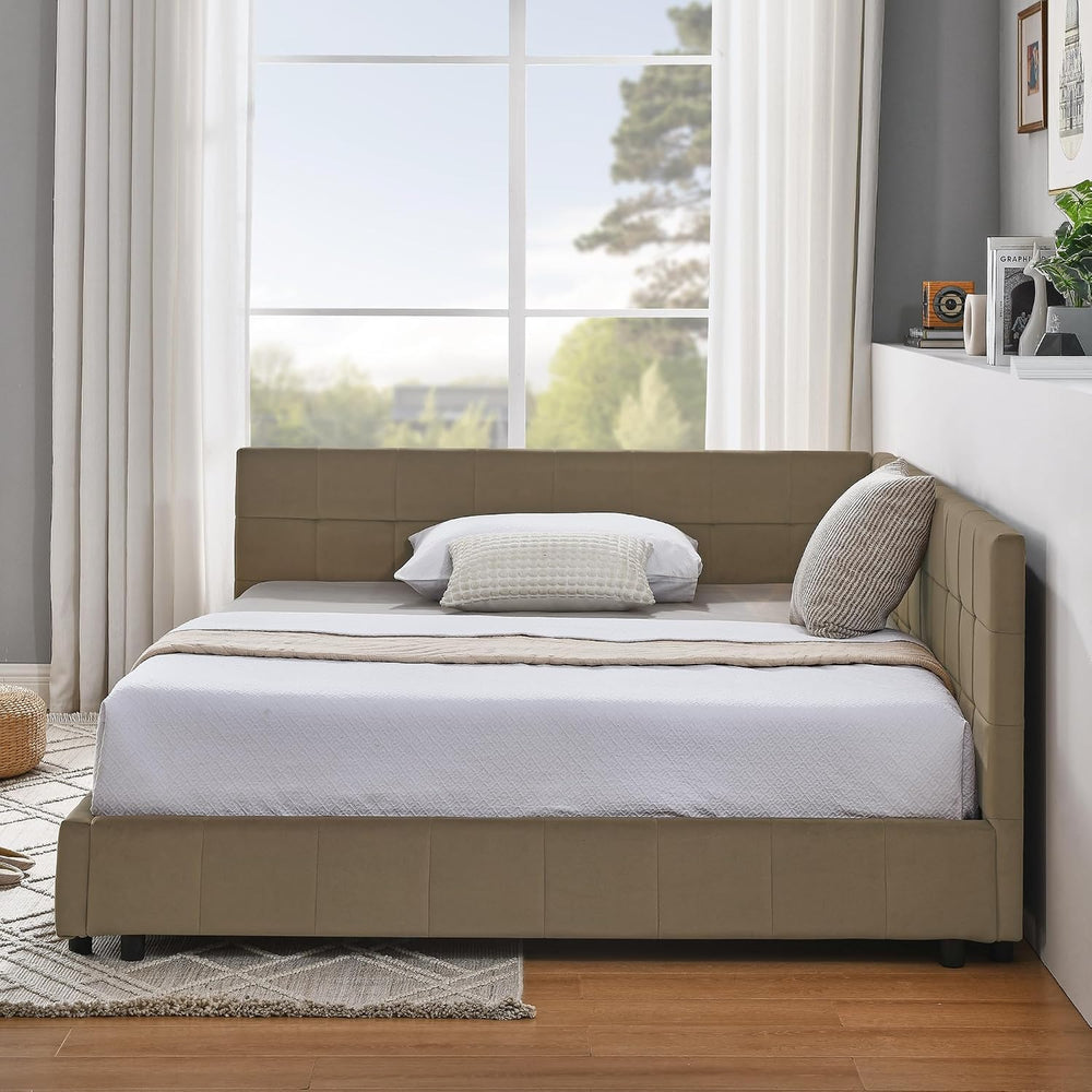 RuiSiSi Full Size Corner Beds, Upholstered Daybed with L Shaped Headboard, Ve...