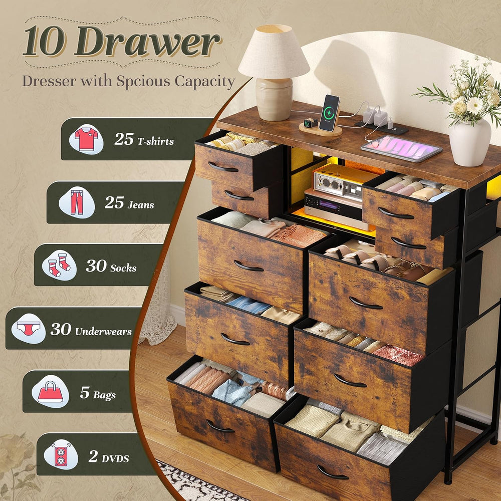 Dresser for Bedroom with Charging Station & LED Light, 10 Drawers
