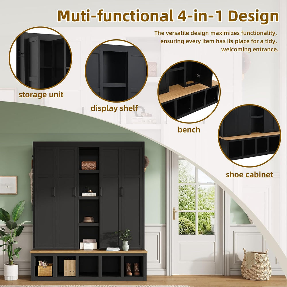 Modern 63'' Wide Hall Tree with 6 Hidden Hanging Hooks, Brown Wood Gr...