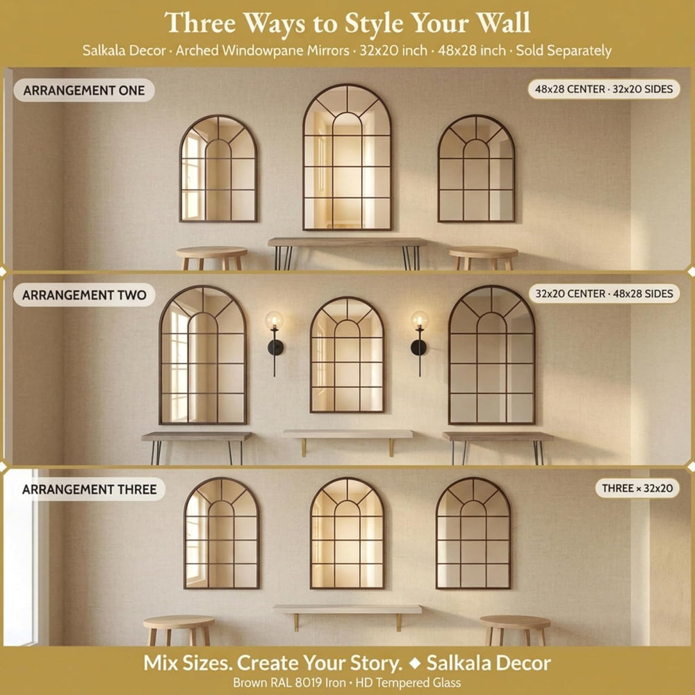 Brown Arched Windowpane Mirror 32x20 Inch, Bathroom Mirror Vanity Mirror for ...